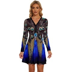 Peacock Long Sleeve Deep V Mini Dress  by Ket1n9