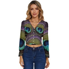 Peacock Feather Long Sleeve V-neck Top by Ket1n9