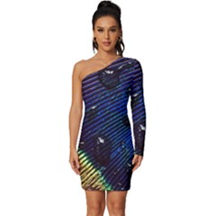 Peacock Feather Retina Mac Long Sleeve One Shoulder Mini Dress by Ket1n9