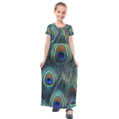 Feathers Art Peacock Sheets Patterns Kids  Short Sleeve Maxi Dress by Ket1n9