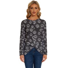 Skull Halloween Background Texture Long Sleeve Crew Neck Pullover Top by Ket1n9