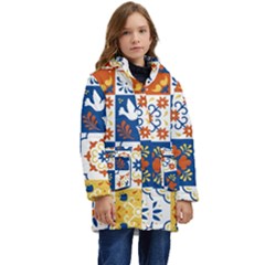 Mexican Talavera Pattern Ceramic Tiles With Flower Leaves Bird Ornaments Traditional Majolica Style Kids  Hooded Longline Puffer Jacket by Ket1n9