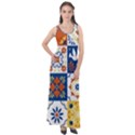 Mexican Talavera Pattern Ceramic Tiles With Flower Leaves Bird Ornaments Traditional Majolica Style Sleeveless Velour Maxi Dress View1