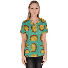 Taco Drawing Background Mexican Fast Food Pattern Women s V-neck Scrub Top by Ket1n9