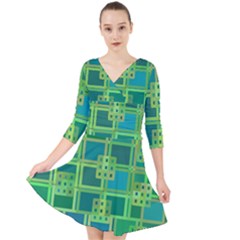 Green Abstract Geometric Quarter Sleeve Front Wrap Dress by Ket1n9