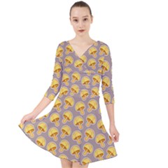 Yellow Mushroom Pattern Quarter Sleeve Front Wrap Dress by Ket1n9