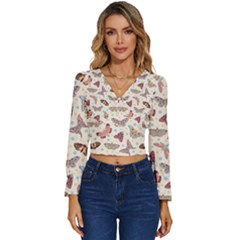 Pattern With Butterflies Moths Long Sleeve V-neck Top by Ket1n9