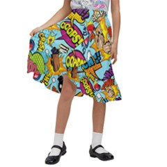 Comic Elements Colorful Seamless Pattern Kids  Ruffle Flared Wrap Midi Skirt by Hannah976