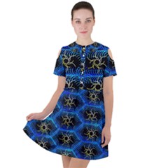 Blue Bee Hive Pattern Short Sleeve Shoulder Cut Out Dress  by Hannah976