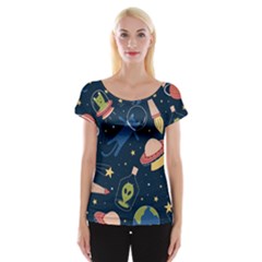 Seamless Pattern With Funny Alien Cat Galaxy Cap Sleeve Top by Ndabl3x