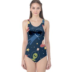 Seamless Pattern With Funny Alien Cat Galaxy One Piece Swimsuit by Ndabl3x