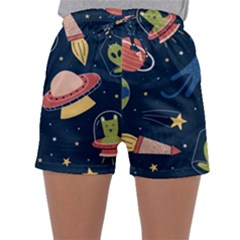 Seamless Pattern With Funny Alien Cat Galaxy Sleepwear Shorts by Ndabl3x