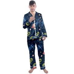 Seamless Pattern With Funny Alien Cat Galaxy Men s Long Sleeve Satin Pajamas Set by Ndabl3x