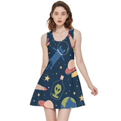 Seamless Pattern With Funny Alien Cat Galaxy Inside Out Reversible Sleeveless Dress by Ndabl3x