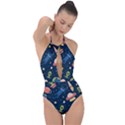 Seamless Pattern With Funny Alien Cat Galaxy Plunge Cut Halter Swimsuit View1