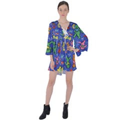 Grateful Dead Bears Pattern V-neck Flare Sleeve Mini Dress by Cendanart