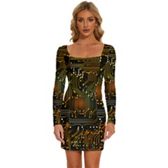 Circuits Circuit Board Orange Technology Long Sleeve Square Neck Bodycon Velvet Dress by Ndabl3x