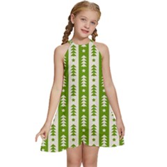 Christmas Green Tree Background Kids  Halter Collar Waist Tie Chiffon Dress by Cendanart