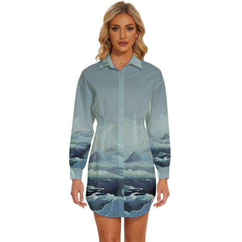 Mountain Covered Snow Mountains Clouds Fantasy Art Womens Long Sleeve Shirt Dress by Cendanart