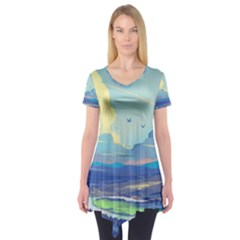 Mountains And Trees Illustration Painting Clouds Sky Landscape Short Sleeve Tunic  by Cendanart