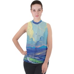 Mountains And Trees Illustration Painting Clouds Sky Landscape Mock Neck Chiffon Sleeveless Top by Cendanart