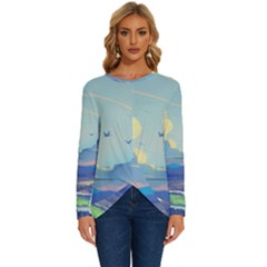 Mountains And Trees Illustration Painting Clouds Sky Landscape Long Sleeve Crew Neck Pullover Top by Cendanart