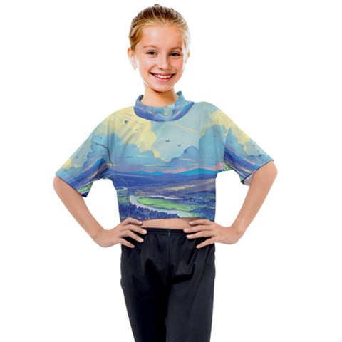 Mountains And Trees Illustration Painting Clouds Sky Landscape Kids Mock Neck T-shirt by Cendanart