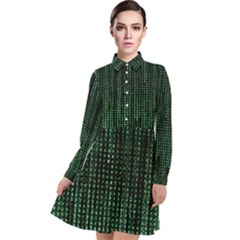 Green Matrix Code Illustration Digital Art Portrait Display Long Sleeve Chiffon Shirt Dress by Cendanart