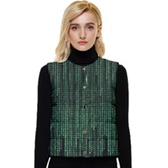 Green Matrix Code Illustration Digital Art Portrait Display Women s Button Up Puffer Vest by Cendanart