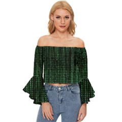 Green Matrix Code Illustration Digital Art Portrait Display Off Shoulder Flutter Bell Sleeve Top by Cendanart