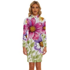 Flourish Colours Invitation Long Sleeve Shirt Collar Bodycon Dress by Bedest