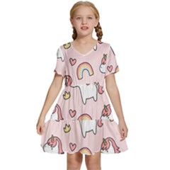 Cute Unicorn Rainbow Seamless Pattern Background Kids  Short Sleeve Tiered Mini Dress by Bedest