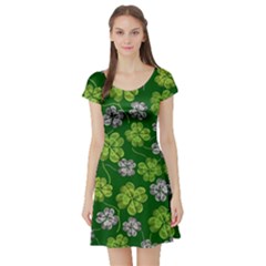 Green White Clover Shamrock Handraw Short Sleeve Skater Dress by CoolDesigns