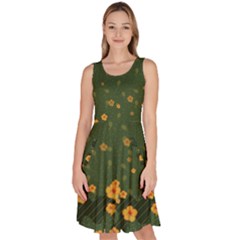 Floral Patchwork Green Autumn Leaves Knee Length Skater Dress With Pockets by CoolDesigns