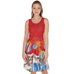 Red Stars Snow Xmas Music Cat Knee Length Skater Dress With Pockets by CoolDesigns