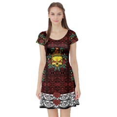 Skull Red Aztec Purple Unicorn Seamless Short Sleeve Skater Dress by CoolDesigns