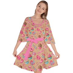 Beige Yummy Colorful Sweet Lollipop Candy Macaroon Cupcake Donut Seamless Velour Kimono Dress  by CoolDesigns