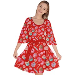 Red Yummy Colorful Sweet Lollipop Candy Macaroon Cupcake Donut Seamless Velour Kimono Dress  by CoolDesigns