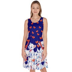 Cute Cat And Ribbon Dark Blue Knee Length Skater Dress With Pockets by CoolDesigns