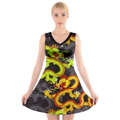 Dragon Pattern Traditional Black Gray V-neck Sleeveless Dress by CoolDesigns