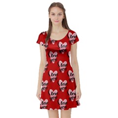 I Love You Red Pink Cute Pink Valentine Day Pattern Cute Hearts Short Sleeve Skater Dress by CoolDesigns