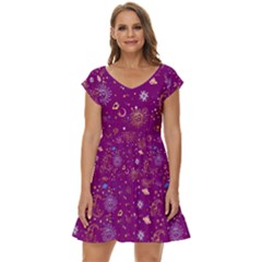 Milky Way Dark Magenta Planet Space Short Sleeve Tiered Mini Dress by CoolDesigns