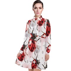 Ladybugs Pattern Texture Watercolor Long Sleeve Chiffon Shirt Dress by Bedest