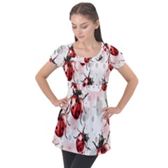 Ladybugs Pattern Texture Watercolor Puff Sleeve Tunic Top by Bedest