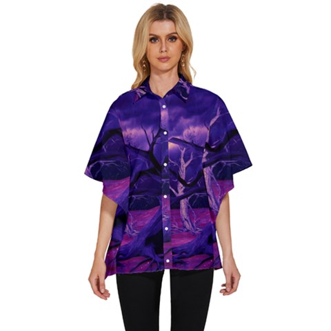 Forest Night Sky Clouds Mystical Women s Batwing Button Up Shirt by Bedest