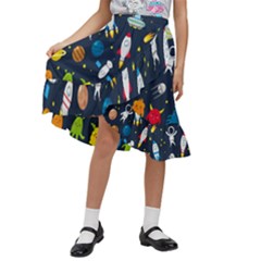 Big Set Cute Astronauts Space Planets Stars Aliens Rockets Ufo Constellations Satellite Moon Rover V Kids  Ruffle Flared Wrap Midi Skirt by Bedest