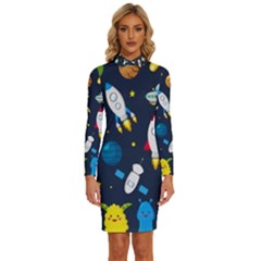 Big Set Cute Astronauts Space Planets Stars Aliens Rockets Ufo Constellations Satellite Moon Rover V Long Sleeve Shirt Collar Bodycon Dress by Bedest