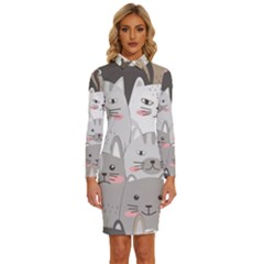 Cute Cats Seamless Pattern Long Sleeve Shirt Collar Bodycon Dress by Bedest