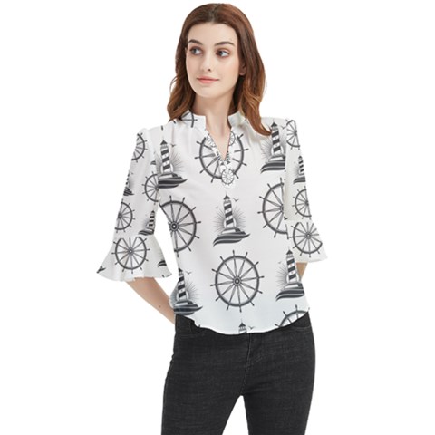 Marine Nautical Seamless Pattern With Vintage Lighthouse Wheel Loose Horn Sleeve Chiffon Blouse by Bedest