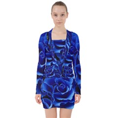 Blue Roses Flowers Plant Romance Blossom Bloom Nature Flora Petals V-neck Bodycon Long Sleeve Dress by Bedest